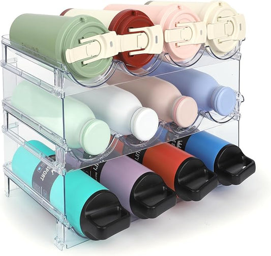 Water Bottle Organizer - 3 Pack Clear Stackable Bottle Storage Rack and Wine Rack for Stanley Yeti Bottle and Other Tumbler Organizer for Kitchen Cabinets, 3 Tier Hold 12