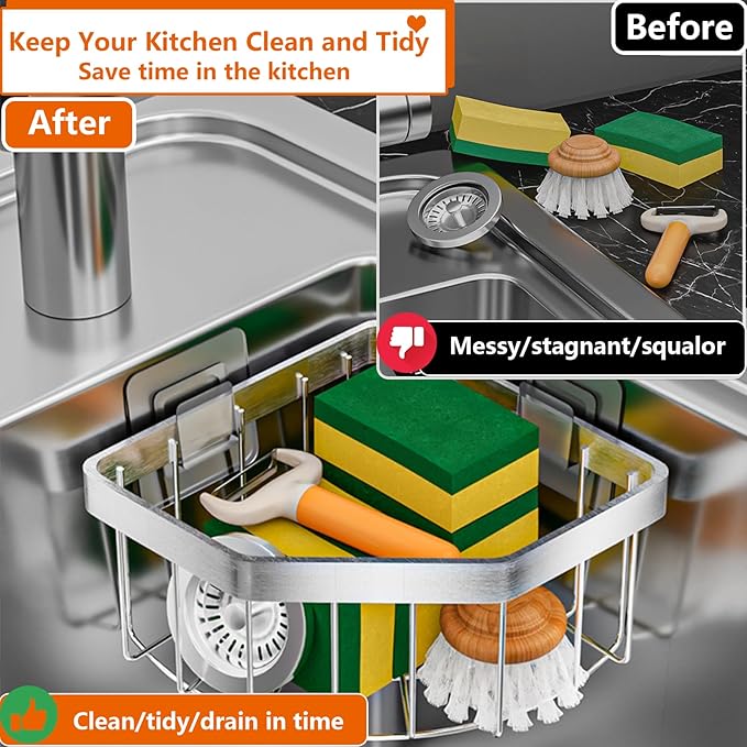 Corner Sponge Holder Kitchen Sink Organizer, Adhesive Stainless Steel Sponge Caddy for Kitchen, Dish Cloth Hanger Sponge Holder Soap Storage Rack for Space-Saving Storage(not for Rounded)