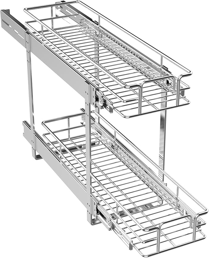 ROOMTEC Pull Out Cabinet Organizer (7½"W x 21½"D),2 Tier Pull Out Storage Shelf Drawer Basket,Sliding Shelves for Base Cabinet Organization in Kitchen, Bathroom, Pantry