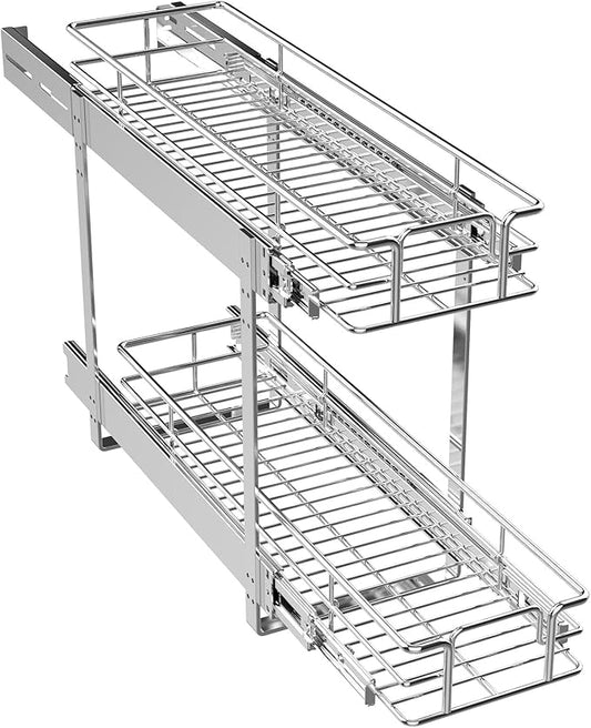 ROOMTEC Pull Out Cabinet Organizer (5½"W x 21½"D),2 Tier Pull Out Storage Shelf Drawer Basket,Sliding Shelves for Base Cabinet Organization in Kitchen, Bathroom, Pantry