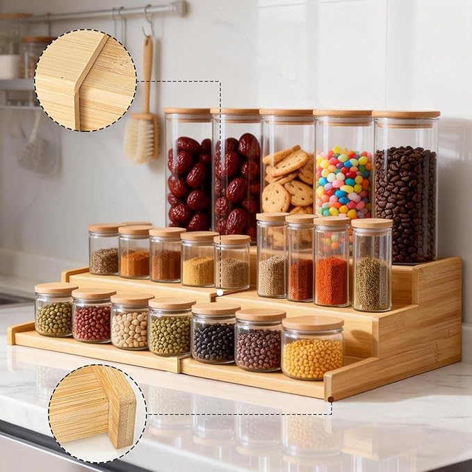 Expandable Bamboo Can Organizer Rack for Pantry Cabinet, 3-Tier Adjustable Can Storage Holder, Soda Organizer Holds Up to 24 Cans, Canned goods Storage Display for Countertop