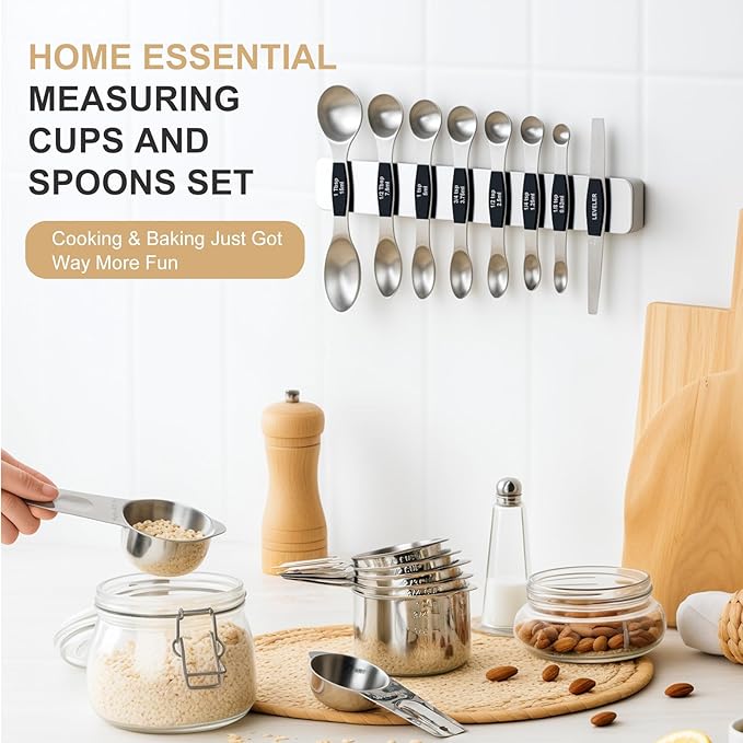 Stainless Steel Measuring Cups & Spoons Set, EWFEN Kitchen Tools Nesting Measuring Cups and Spoons, Set of 15 with Leveler, Black