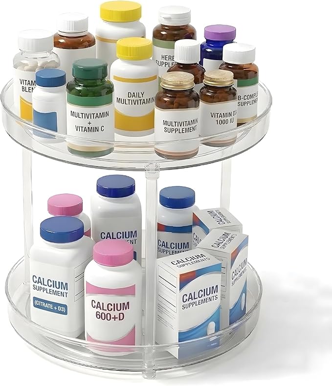 2-Tier Vitamin Storage Organizer, Rotary Turntable Organizer for Vitamin Bottles and Medicine Bottle, Vitamin Bottle Organizer for Countertop, Bathroom Cabinet Storage (2)