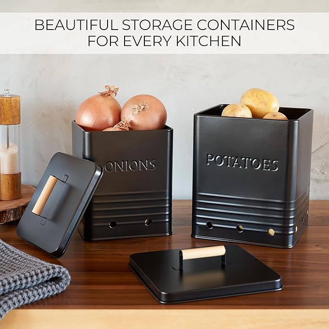 Beautiful Potato and Onion Storage Container Set - Perfectly Sized Spacious Canisters For Your Kitchen Counter Or Pantry - Quality Food Safe Metal Bins Keep Your Produce/Vegetables Fresh Longer