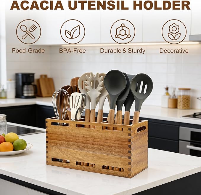 Extra Large Acacia Wood Utensil Holder for Kitchen Counter Decor Rustic Wooden Spatula Holders Cooking Utensils Organizer Countertop Silverware Caddy Spoon Kitchen Tool Holder Farmhouse Utensil Crock
