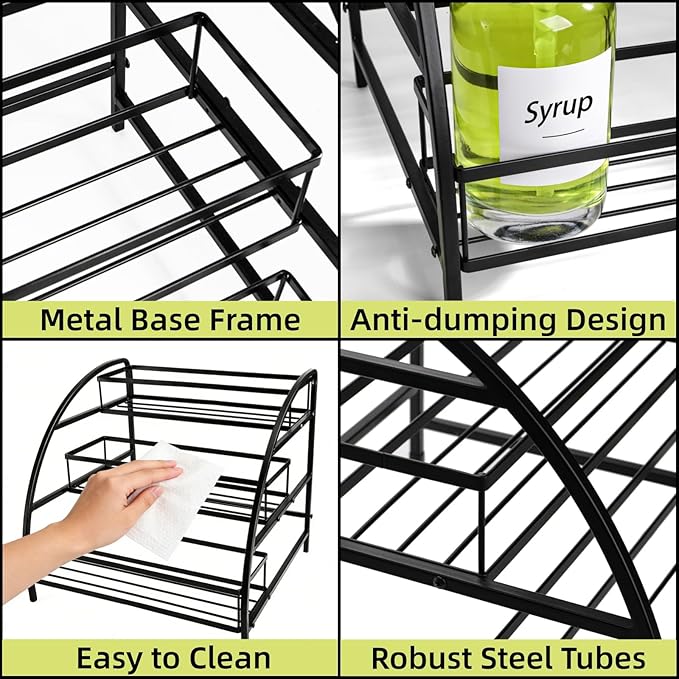 Coffee Syrup Organizer Rack, 9-12 Bottles Syrup Stand Holder for Countertop, 3 Tier Metal Small Wine Rack, Bottle Storage Shelves for Coffee Bar Station, Kitchen, Spice, Soda, Dressing