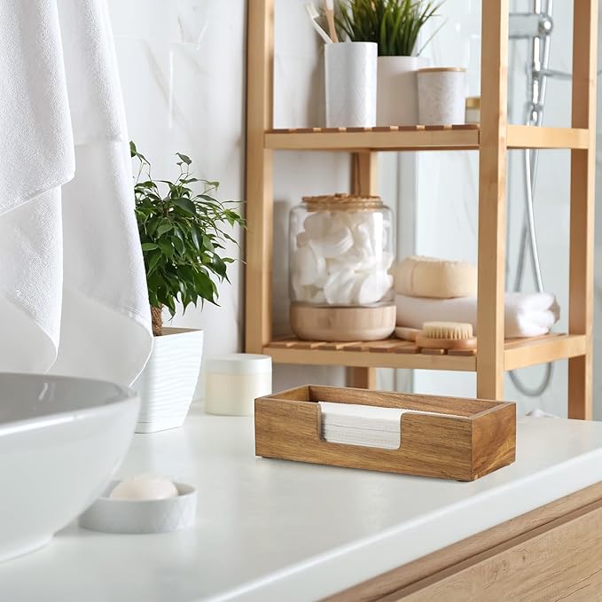 Paper Towel Dispenser Countertop, Acacia Wood Bathroom Paper Towel Holder, Black Napkin Holder for Kitchen, Countertop Multifold C-Fold, Z-Fold, Trifold Paper Hand Towel Dispenser for Toilet