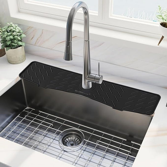 Meiliweser Faucet Mat for Kitchen Sink – 24” x 5.1” Extra-Long Silicone Splash Guard with 10° Slope & Upgraded Drainage – Gen 3 Sink Water Catcher & Sponge Holder for Kitchen, Bathroom (Black)