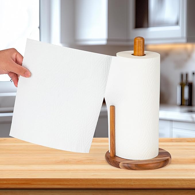 Acacia Wood Paper Towel Holder Countertop, Wooden Paper Towel Holder Thicken Base for Kitchen, Easy to Assemble, Sturdy, Durable, Natural Wood Color