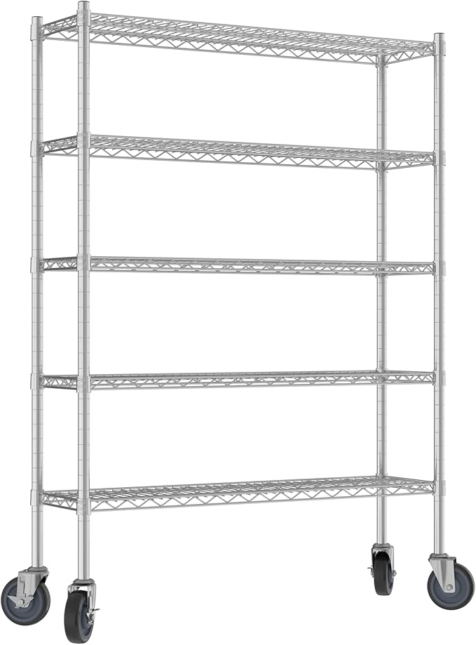 Commercial NSF Listed Chrome Mobile Wire Shelving Kit 12" x 42" x 60", with 5 Shelves Perfect for Warehouse, Walk-in Refrigerator, Freezer, Grocery Store, Restaurant, Dishroom