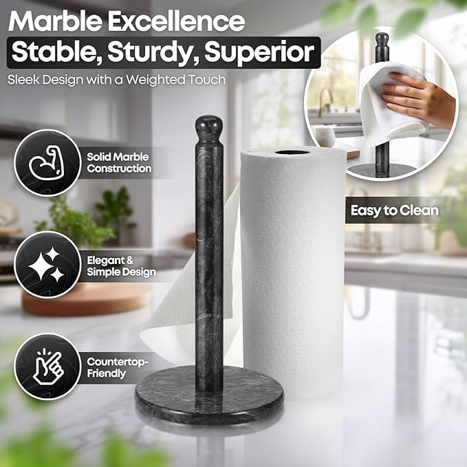 Flexzion Marble Paper Towel Holder 12 inch (Black) - Kitchen Countertop Paper Towel Holder Stand Rack with Roll Dispenser Pole and Weighted Marble Base for Tables Home Dining Bathroom Storage