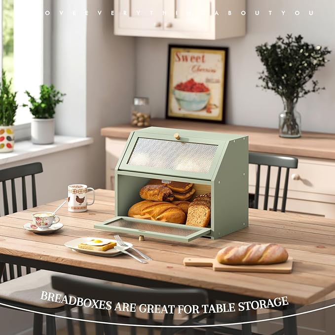 Bread Box for Kitchen Countertop Bin Double Layer Bread Box Storage Container Extra Large Capacity Farmhouse with Diamond Pattern Windows (Green, Large)