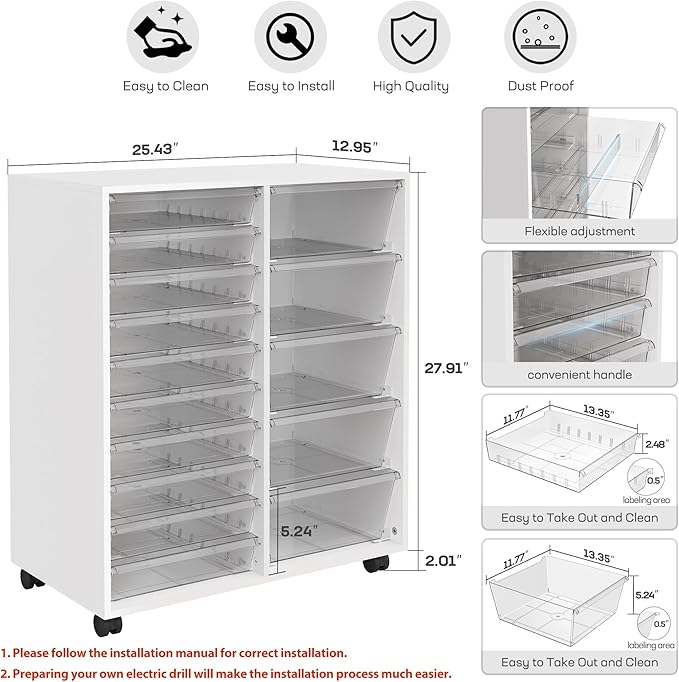 WOPITUES Rolling Cart with Wooden Tabletop, Mobile Storage Cabinet with 15 Clear Drawers, Craft Cabinet with 5 Large Drawers, Printer Stand Home Office, White Dresser Chest