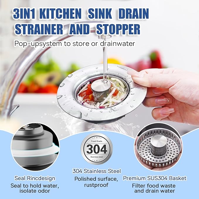 Upgraded 3in1 Kitchen Sink Drainage Filter,Stainless Steel Pop Up Sink Stopper, with Anti-Clogging Basket，Anti-Clogging Sink Drain Strainer for US Standard Kitchen Drain