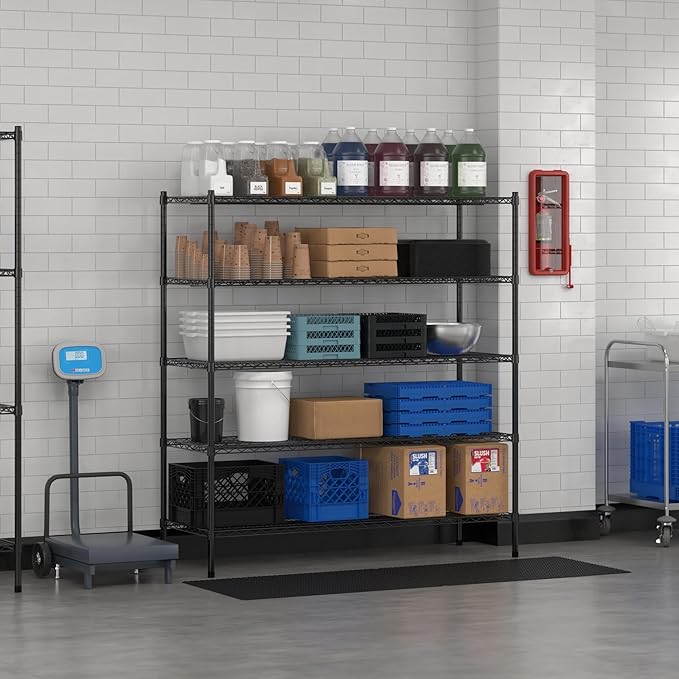 Commercial NSF Listed Black Epoxy Stationary Wire Shelving Kit 21" x 60" x 64", with 5 Shelves Perfect for Warehouse, Walk-in Refrigerator, Freezer, Grocery Store, Restaurant, Dishroom