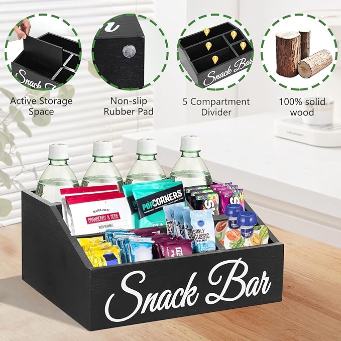 Snack Organizer for Countertop, Wooden Snack Tray and Food Storage Bins, Large 5-Compartment Snack Basket for Pantry, Kitchen Cabinet Pantry Organizer and Storage Bins for Packets