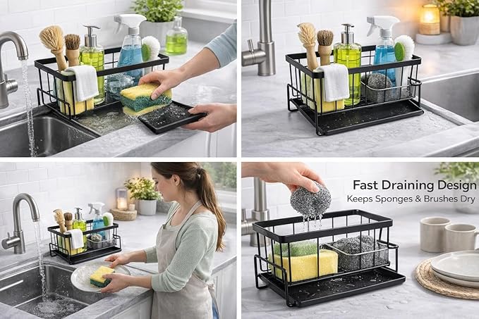 Kitchen Sink Caddy Organizer, Carbon Steel Sponge Holder with Removable Drip Tray, Countertop Storage Rack