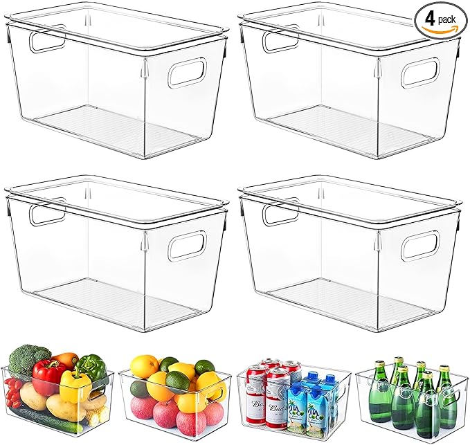 4 Pack Plastic Storage Bins with Lids, Clear Stackable Organizer with Handle, Kitchen Pantry Organizers and Storage, Perfect for Pantry, Refrigerator, Fridge, Bathroom, Cabinet, Closet, Kitchen