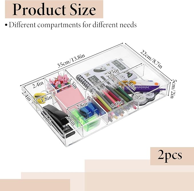 2Pcs 8-Section Clear Drawer Organizer, 13.7" x 8.7" x 2" Large Acrylic Drawer Divider Tray for Desk, Bathroom, Office, Makeup, Junk, Plastic Drawers Organiser Clear Makeup Tray Organizer