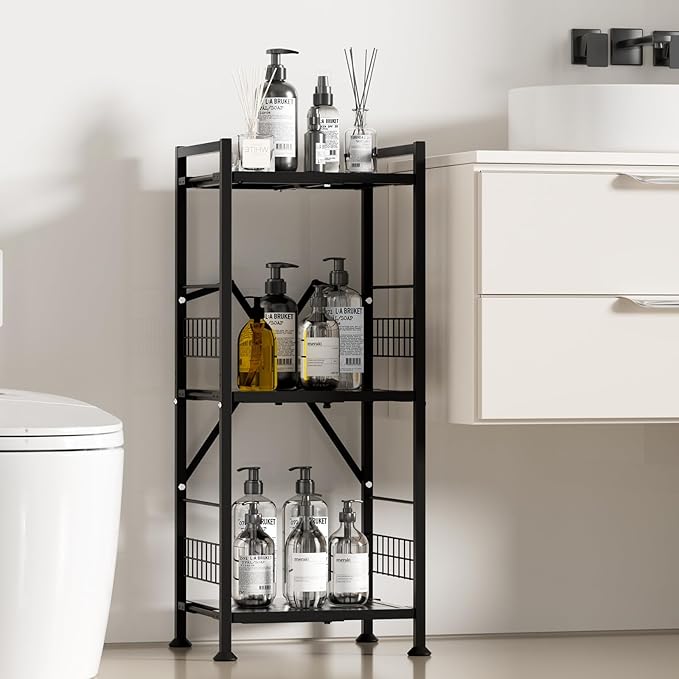 Himix 3-Tier Bathroom Shelves Expandable Narrow Shelf Metal Shelving Unit Storage Rack Open Floor Corner Shelf for Bathroom, Kitchen, Laundry, Office, Bedroom Organization (Black)