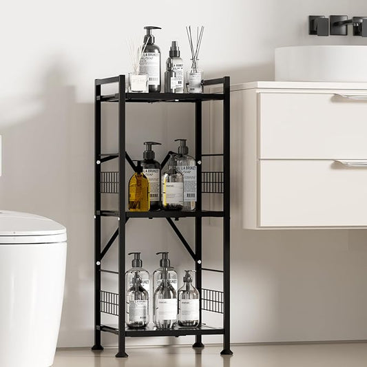 Himix 3-Tier Bathroom Shelves Expandable Narrow Shelf Metal Shelving Unit Storage Rack Open Floor Corner Shelf for Bathroom, Kitchen, Laundry, Office, Bedroom Organization (Black)