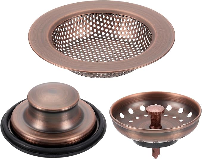 uxcell 3 Pcs Kitchen Sink Drain Strainer Brown, Stainless Steel Kitchen Sink Strainer and Stopper, Anti-Clogging Basket with Handle, for Most Kitchen Sink Strainer Replacement