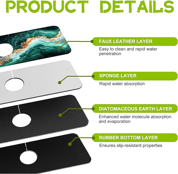 Emerald and Gold Marble Texture Kitchen Sink Splash Guard Faucet Mat Super Absorbent Fast Drying Mat Guard Behind Faucet Drip Catcher for Kitchen Bathroom, 15.5"X5.5"