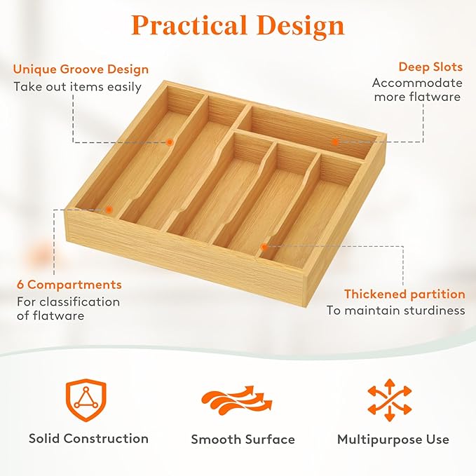 Lifewit Silverware Drawer Organizer Tray, Bamboo Cutlery Storage for Kitchen Drawer, 6 Compartment Flatware and Utensil Holder Divider for Spoons Forks Knives Tableware, Natural
