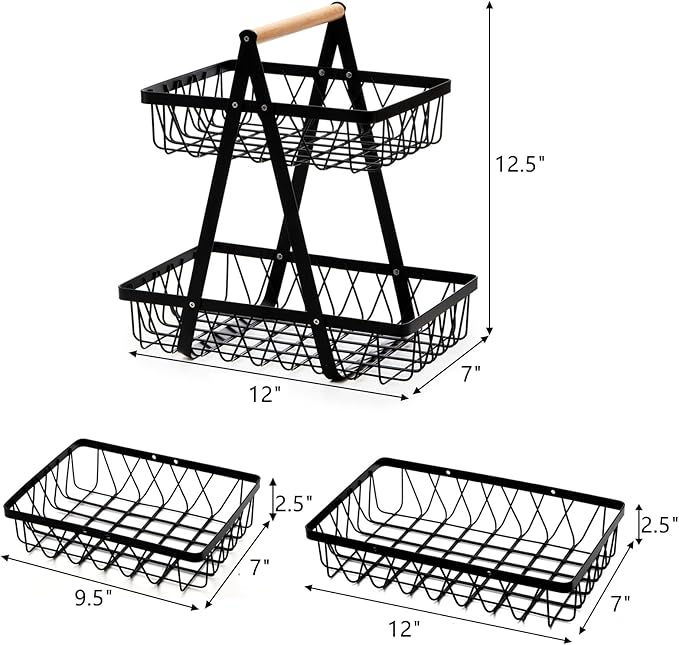 Dicunoy Metal Storage Basket with Handles, 2 Tier Wire Snack Organizer Bin for Office Cournertop, Rustic Black Basket for Home, Kitchen, Pantry, Fruit, Coffee, Pasta, Bathroom, Living Room