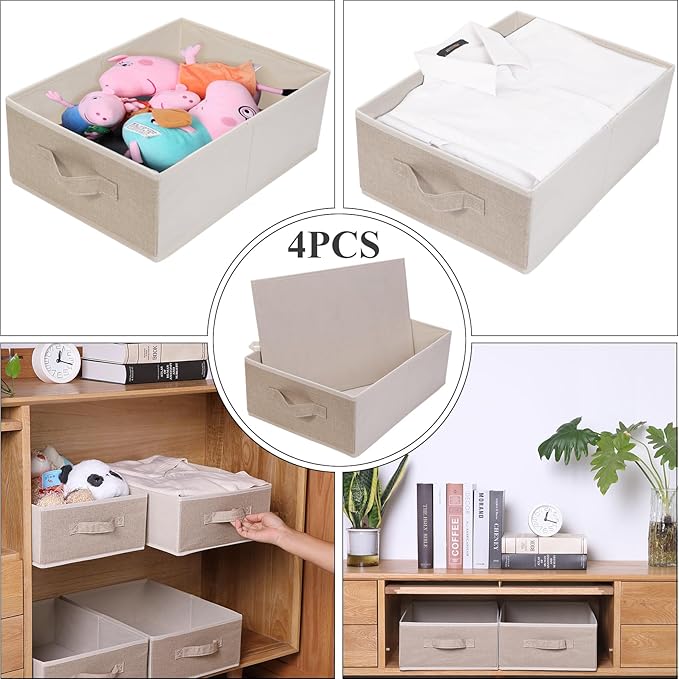 Decorative Storage Boxes for Organizing Clothes in a Dresser Collapsible Fabric Storage Bins Organizer Set with Handles for Bedding Clothes Toys Socks and More (4 Pack Beige)