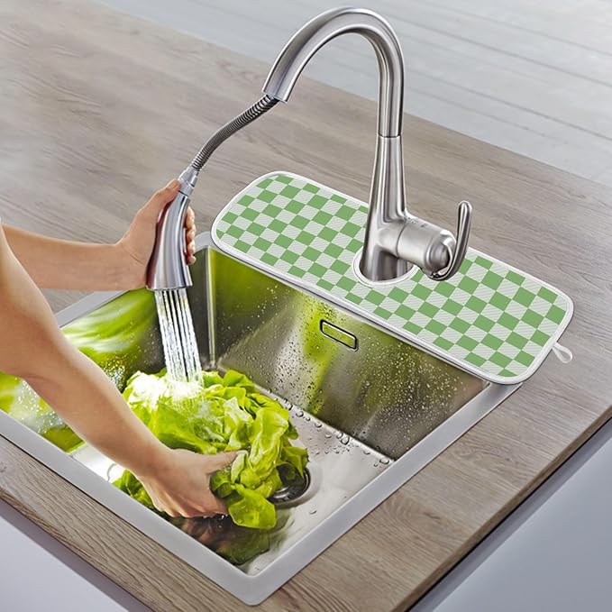 2 PCS Kitchen Sink Splash Guard 30 Inch Faucet Mat for Kitchen Sink Bathroom Sink Faucet Absorbing Drip Drain Mat Pad Microfiber Soft Washable Checkered Green and White