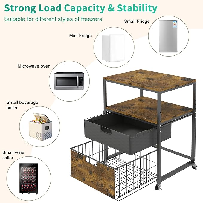 Hadulcet 4-Tier Fridge Stand with Storage Drawer - Rolling Fridge Cabinet with Wheels, Heavy Duty 21.6" L* 22.8" W Fridge Cart, Sturdy Metal Frame, for Home, Apartment, Office, Dorm, Rustic Brown
