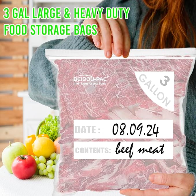 BEIDOU-PAC 3 Gallon Large Plastic Bags with Zipper Top, | 50 Count | 2 Mil | 16" x 18" | Heavy-Duty Reusable Clear Freezer Storage Bags