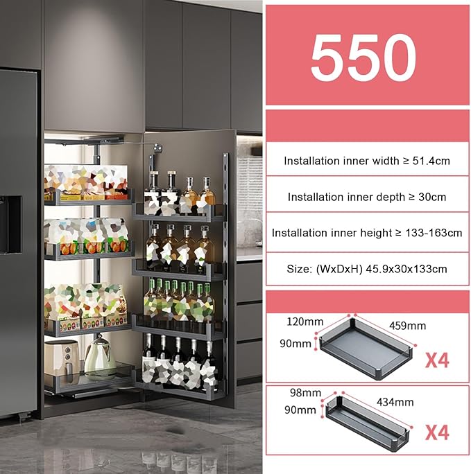 WIGING 4-Tier Narrow Cabinet Pull-Out Basket, High Cabinet Pull-Out Storage Rack with Adjustable Dividers for Kitchen Bathroom Pantry, Single-Layer Load Capacity: 15kg(45.9x30x133cm)