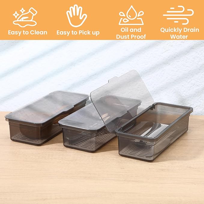 4Pcs Flatware Tray with Lid and Drainer, Large Plastic Silverware Utensil Drawer Organizer Grey Covered Silverware Tray Organizer with Lid for Kitchen Home