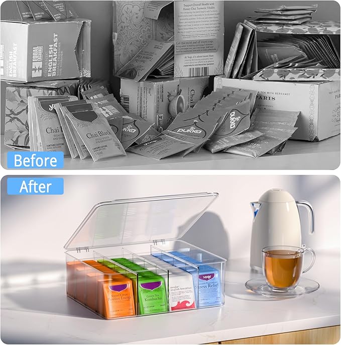 Tea Bags Organizer: Extra Large Tea Bag Holder - Clear Plastic Storage Box with Lids, Stackable Tea Packet Organizer for Countertop Pantry