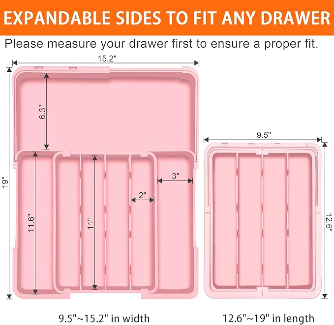 Silverware Organizer - Expandable Silverware Drawer Organizer, Adjustable Drawer Organizer, Silverware Tray for Drawer 15.2"x 19" Utensil Drawer Organizer, Kitchen Organizers Storage, Pink