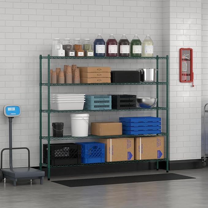 Commercial NSF Listed Green Epoxy Stationary Wire Shelving Kit 12" x 72" x 64", with 5 Shelves Perfect for Warehouse, Walk-in Refrigerator, Freezer, Grocery Store, Restaurant, Dishroom