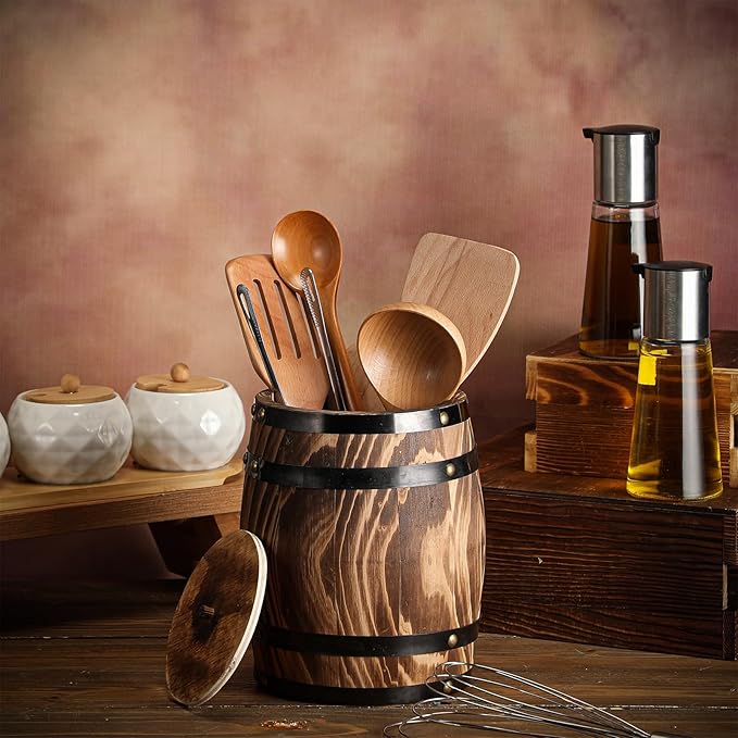 8" x 6.5" Wine Barrel Design Kitchen Utensil Crock with lid Large Wood Cooking Tool Holder for Kitchen Counter Rustic Organizer for Spatula Whiskey Barrel Storage Container Planter Decoration