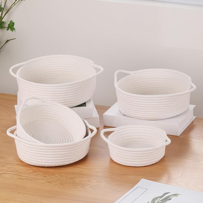 Small Storage Woven Baskets Shelves Natural Cotton Rope Bins with Handle Toilet Tank Paper for Countertop Cute Gifts Organizing Mini Nursery 5 Set box (White)