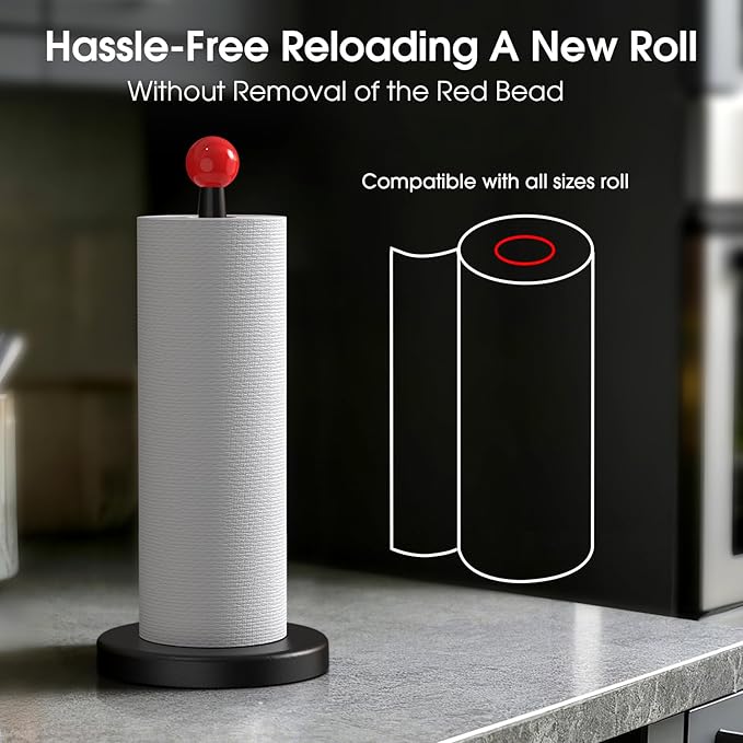KitchLife Paper Towel Holder Countertop, 1 Pack Freestanding Decorative Black Red Weighted Holder Fits Jumbo Roll - Aesthetic Solid Paper Towel Dispenser Stand with Thickened Wider Anti-Skid Base