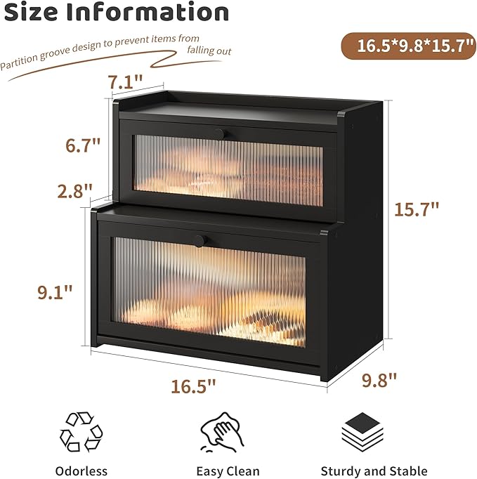 FILWH Bread Box for Kitchen Countertop Double Layer Large Corner Bread Box Capacity Bread Storage Bin Farmhouse Breadbox Container Organizer Cabinet Cupboard Black