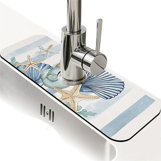 Kitchen Sink Splash Guard，art seashells starfish Faucet Mat Sink Gadgets-Super Absorbent Fast Drying Mat Drip Catcher for Kitchen, Bathroom,Sink Mat, Dish Drying Mat, Bathroom(15" X 5.5" )