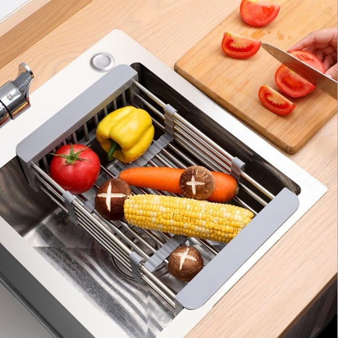 Extendable Stainless Steel Kitchen Sink Drain Basket, Retractable Dish Drying Rack, Over The Sink Drainer, Space-Saving Stainless Drain Rack, Extended/Adjustable for Dishes, Fruits, Vegetables, Large