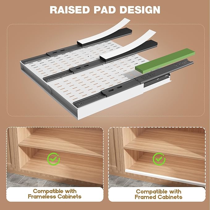 4 Pack Pull Out Cabinet Organizer Expandable Width (12"-20.8") & Depth (16.2"-23.6"), 3 Slide Rails Slide Out Drawers with Handle, Includes Raising Pad for Framed Cabinets, White
