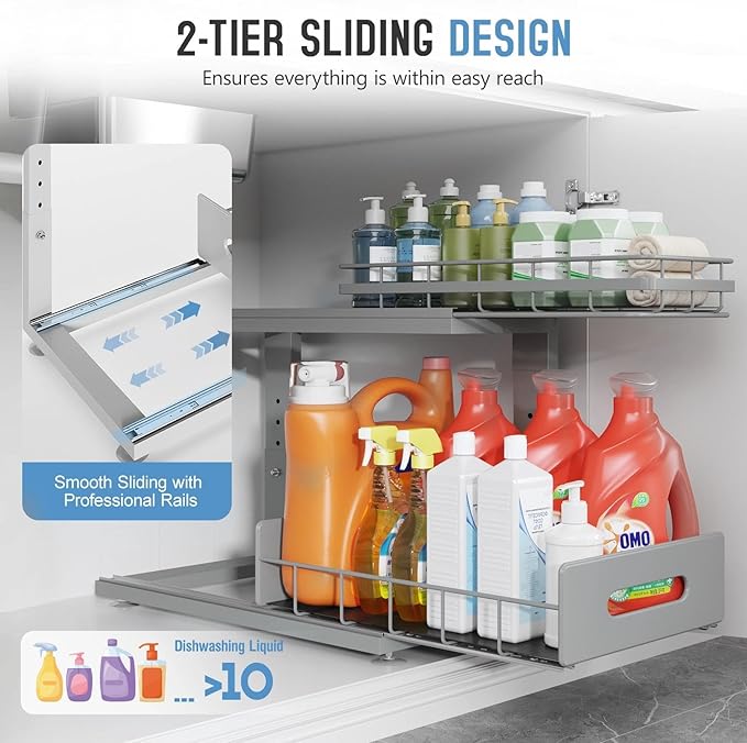 2 Pack 16.7 IN Depth Under Sink Organizer with Smooth Ball Bearing Slides,2-Tier Pull Out Cabinet Storage,Slide Out Drawers for Bathroom&Kitchen,Rust-resistant Coating,Height Adjustable-Gun Gray