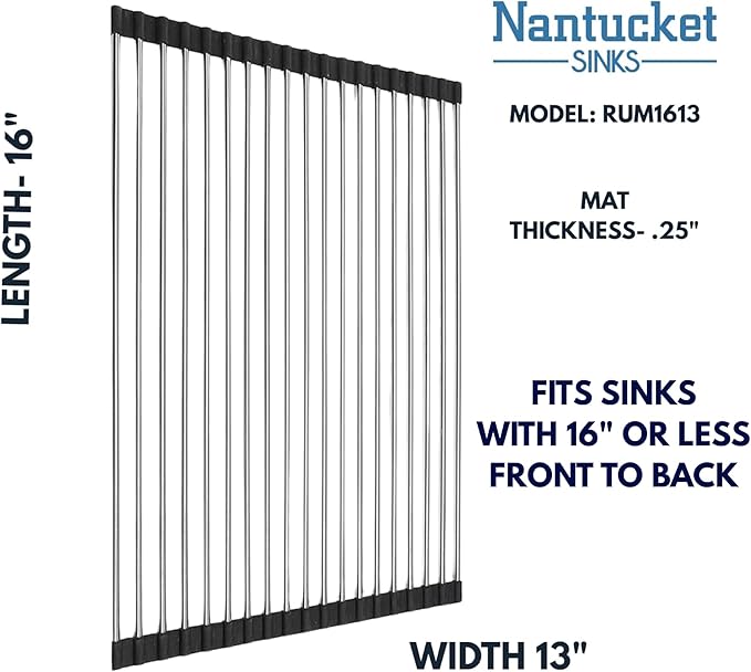 Nantucket Sinks RUM1613 Roll Up Dish Drying Rack – Over The Sink Foldable, Stainless Steel Kitchen Workstation Accessories for SR-PS-3018-16, ZR-PS-3018-16 and The SR-PS2-2818-16 Sinks