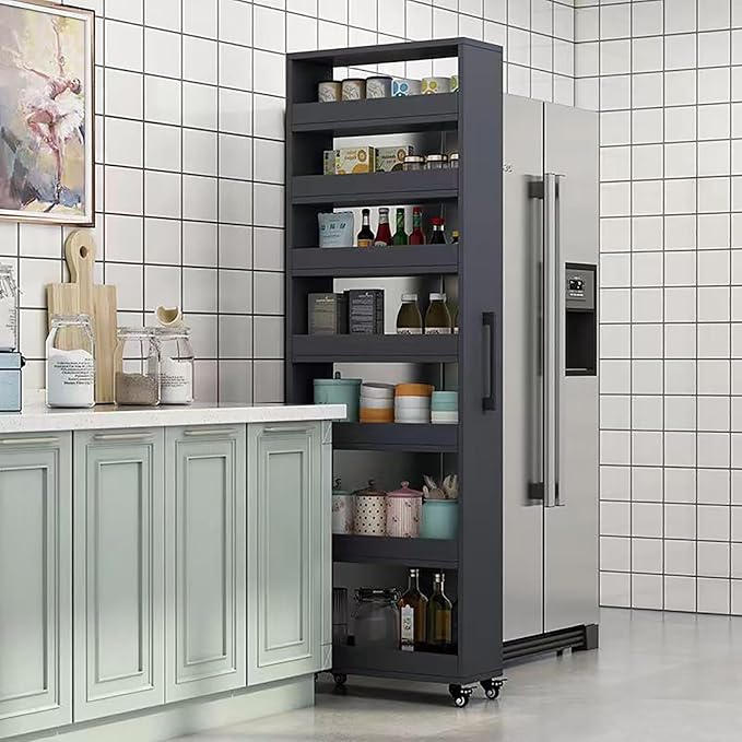 Slim Storage Cart,Rolling Spice Rack Next to Fridge Slim,Kitchen Rolling Cart,Narrow Storage Cabinet, Wood Storage Organizer,for Kitchen,Bakers,Pantry,Dining Room Gray 9.8x23.6x72.4in