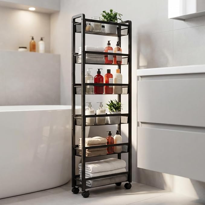 6 Tier Slim Rolling Storage Cart, Narrow Kitchen Storage Rack, Spice Rack Organizer with Wheels, Space Saving Shelf for Living Room, Laundry Room, Bathroom, Small Spaces