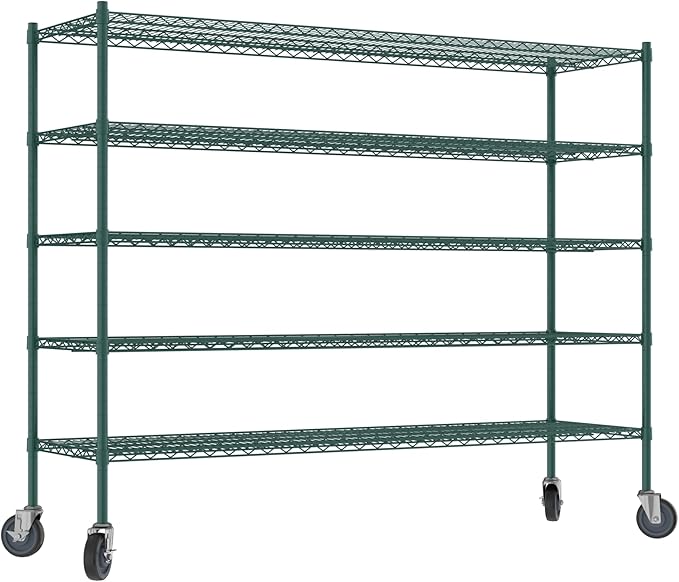 Commercial NSF Listed Green Epoxy Mobile Wire Shelving Kit 21" x 72" x 60", with 5 Shelves Perfect for Warehouse, Walk-in Refrigerator, Freezer, Grocery Store, Restaurant, Dishroom